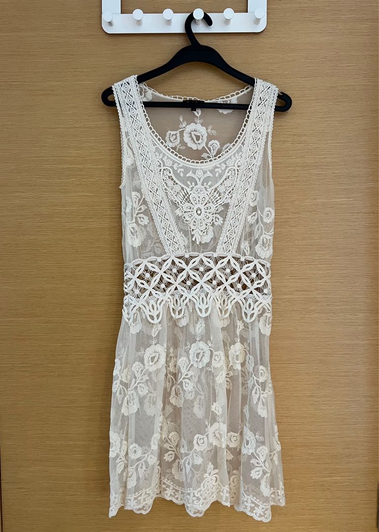 massimo dutti white lace dress Long dress with contrast crochet detail