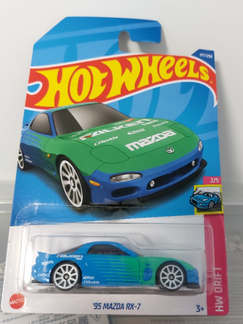 Mazda Rx 7 另有黑色 綠色 黃色 橙色 藍色版本可供選擇 全新風火輪淺藍色萬事德 Rx 7 合金玩具模型跑車light Blue Color Hotwheels 1995