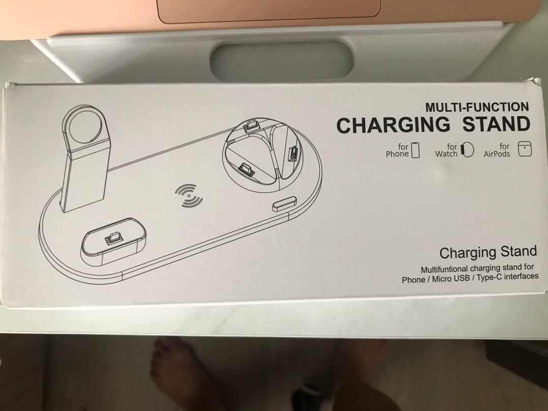 Multi-function charging stand (Category: Chargers & Cables) located in Singapore. Submitted by ikigai21 (Listing ID 1166092258, Image 3). Description: For phone, Apple Watch, AirPods.
