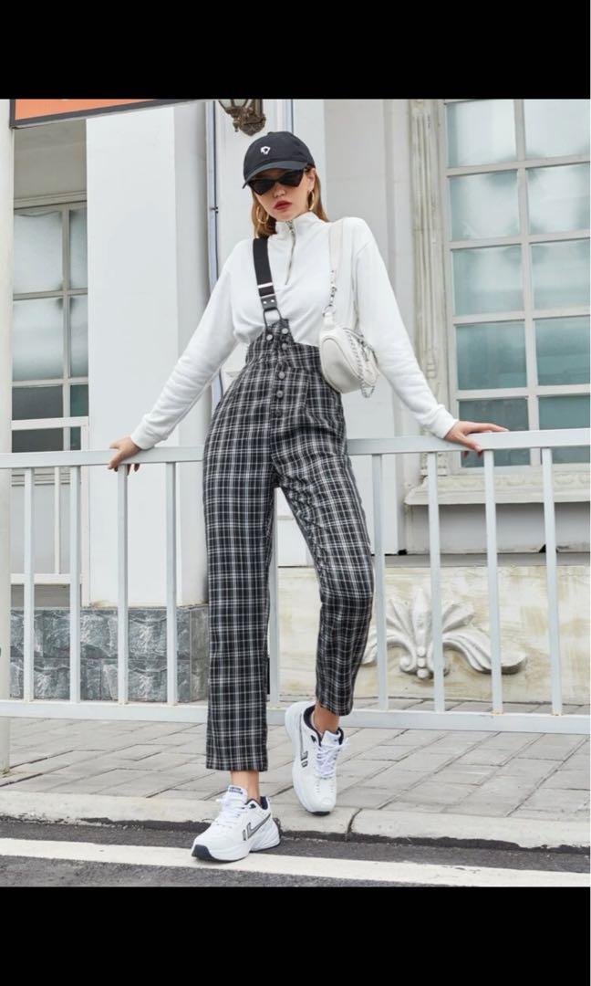 Plaid slant pocket crop pants jumpsuit Women s Fashion Bottoms