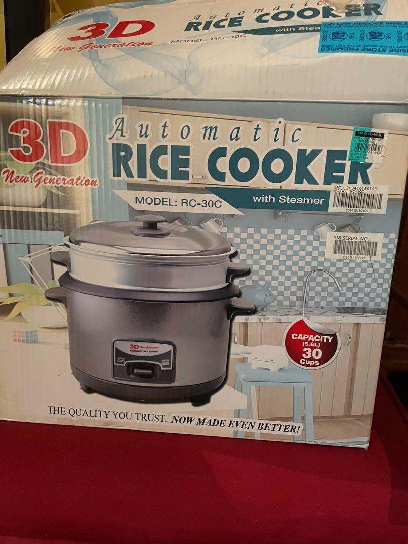 Pre-loved 3D Rice Cooker 5.6L. 30 cups (Category: Cookers) located in San Juan City. Submitted by edwardvoa (Listing ID 1166023429, Image 1). Description: Quality rice cooker brand 3D. Well used for about 1 year only. Size is 5.6L and good for 30 cups per preparation. Brand new costs about p4-5k. Includes the original box. .