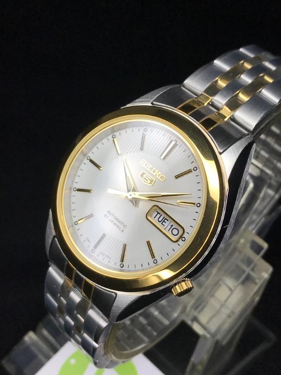 Seiko 5 Sports SNKL24J1 Made in Japan Two Tone White Dial Automatic Gents Watch Steel Bracelet Case Width 37.80 mm SNKL24 SNKL24j