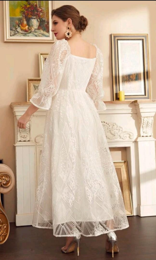 Shein White Lace Puff Flounce Sleeve Dress Gown Wedding Baptism