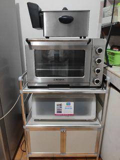 Westinghouse 45 liters electric oven rotisserie, Rossetti deep fryer 3 liters, Neoflam Pan Fry, Kitchen Organizer