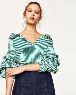 Zara Trafaluc Collection Green Striped Off Shoulder Blouse