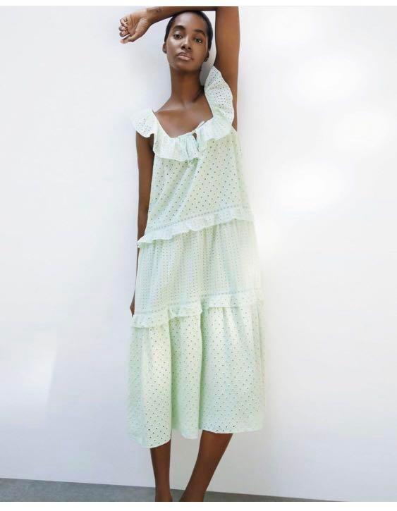 ZARA MINT GREEN EYELET LONG MAXI DRESS 