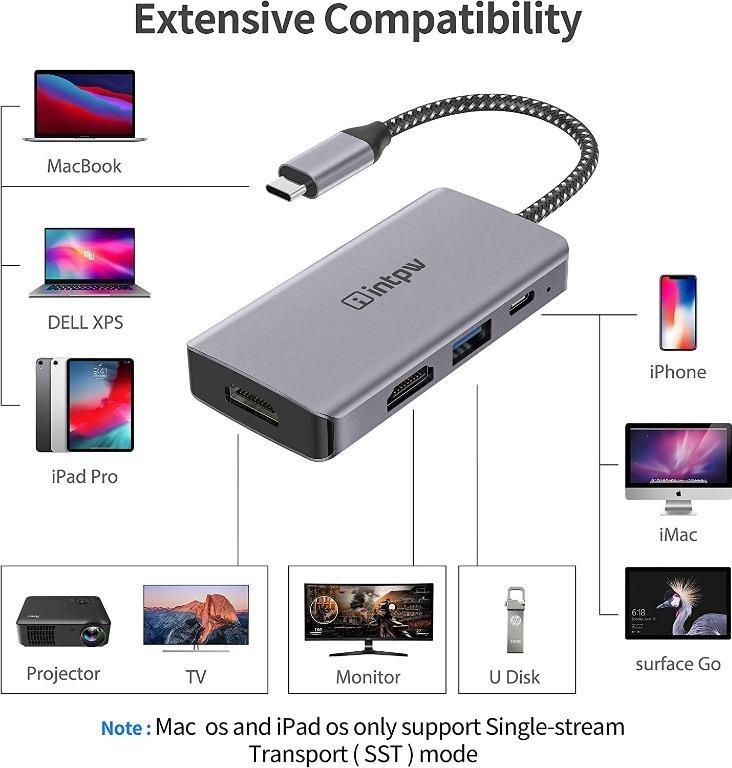 USB C to Dual HDMI Adapter, INTPW 4-in-1 Type C to HDMI  Converter/Thunderbolt 3 to 4K HDMI Dual Monitor Adapter, PD Charging, USB  3.0 Port, Compatible
