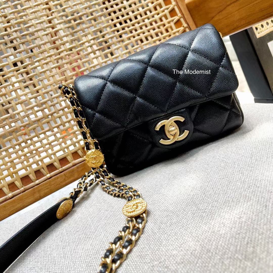 Authentic Chanel 22A Mini Flap Bag Black Grained Shiny Calfskin