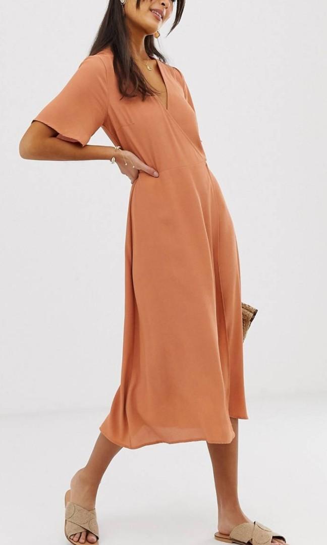 New look midi wrap dress in rust cheap