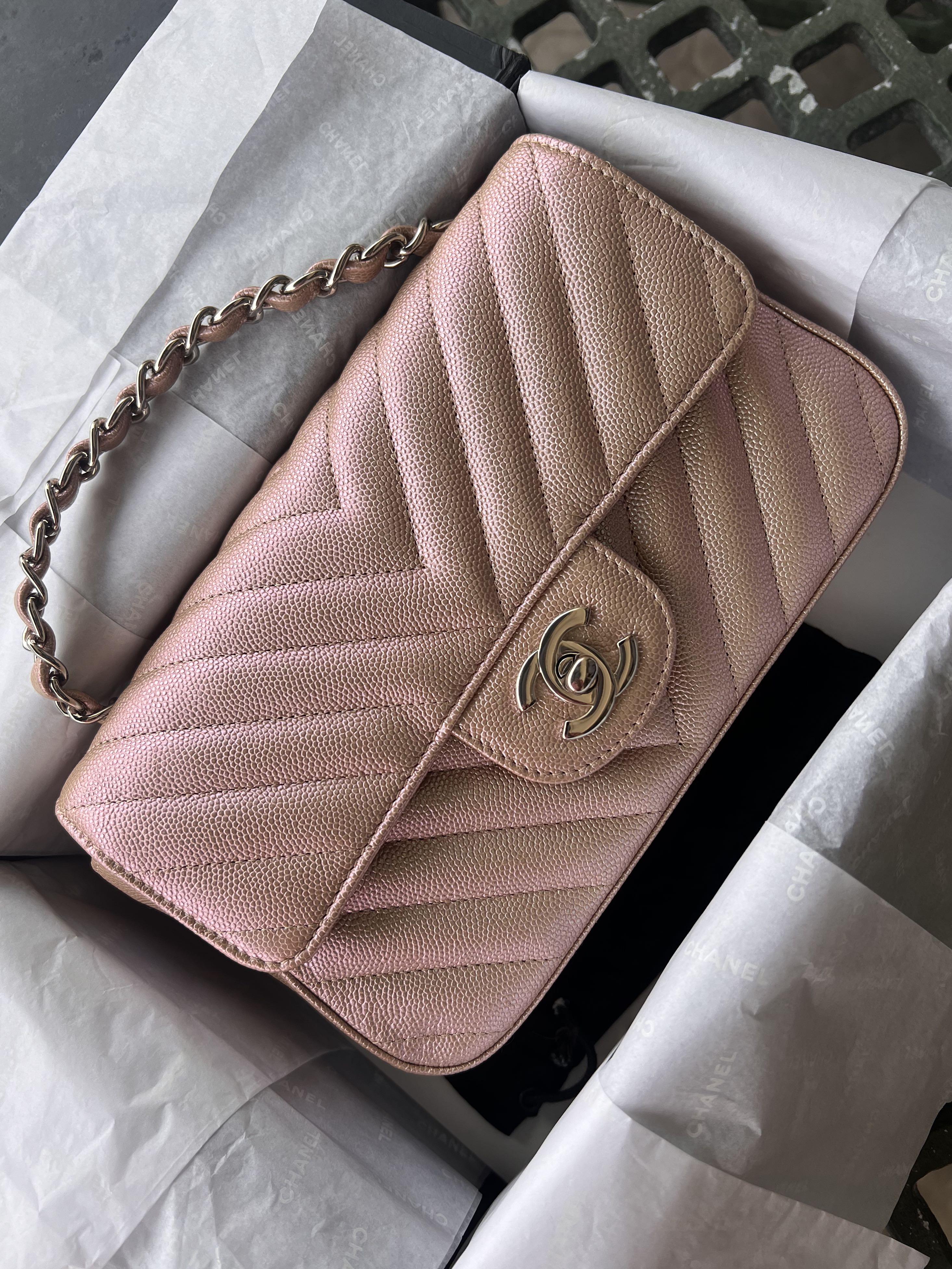 Chanel Classic Wallet on Chain 17B Iridescent Rose Gold Chevron Caviar with  silver hardware