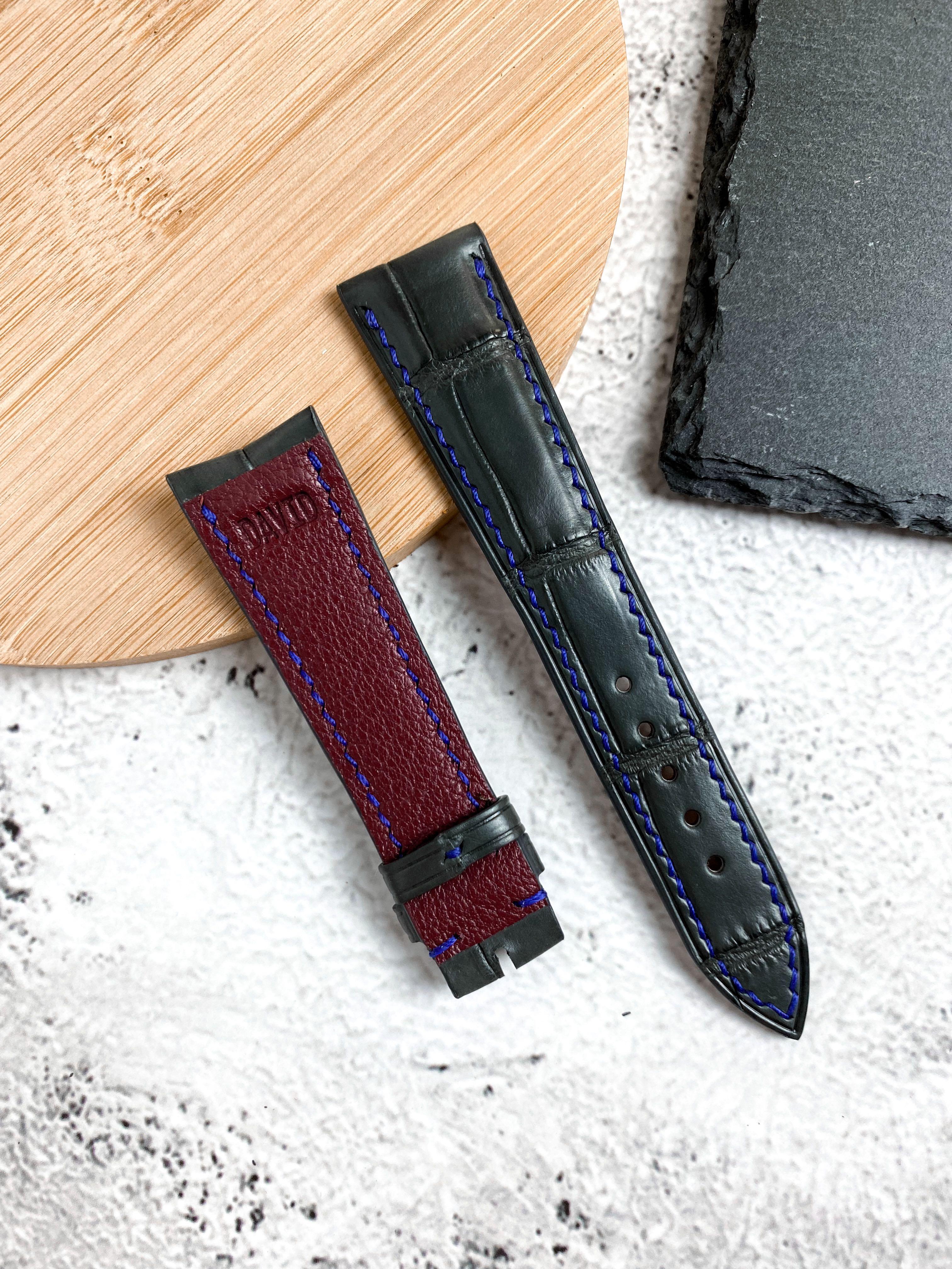 Handmade Curved Coal Grey Crocodile Watch Strap with Maroon Chevre Lining for Ulysse Nardin