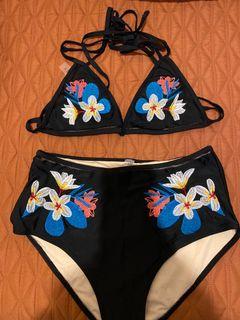 High-waisted floral embroidered bikini