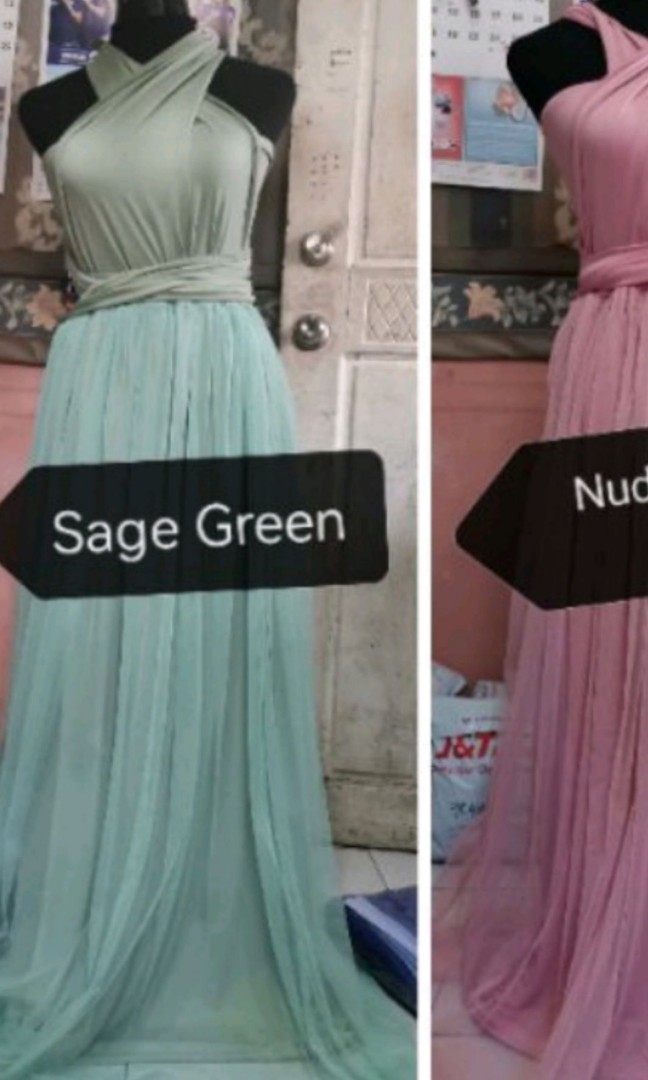 INFINITY DRESS WITH TULLE SAGE MINT GREEN, Women's Fashion, Dresses