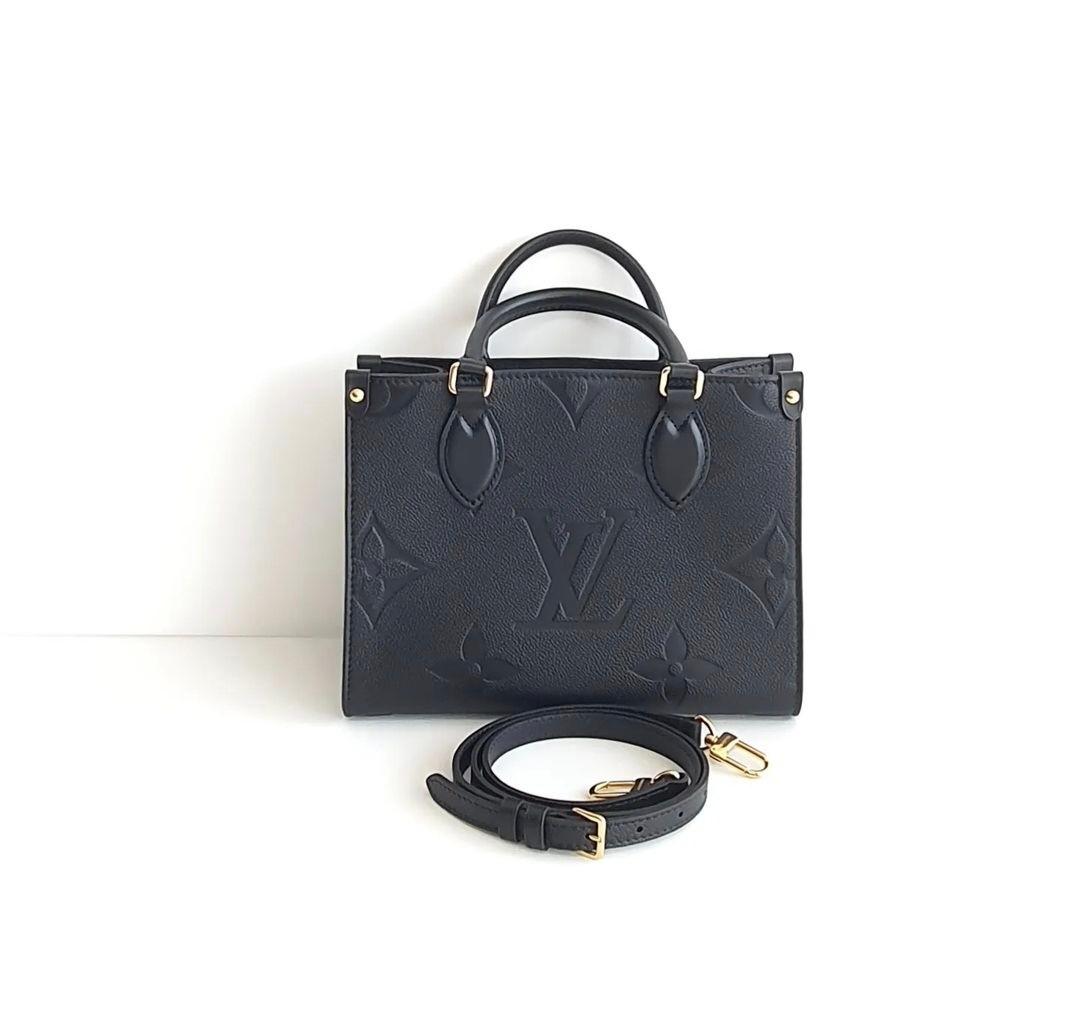Louis Vuitton On the Go PM … $2249 Clea Wallet … $495 Although, the picture  portrays this bag as black it is actually a metallic, denim…