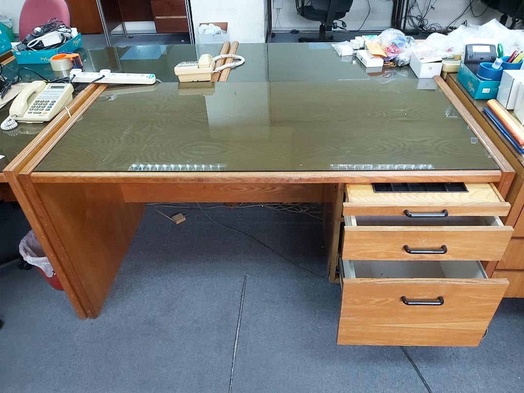 Office Table, Wood, With Glass Top, Furniture & Home Living, Furniture,  Tables & Sets On Carousell