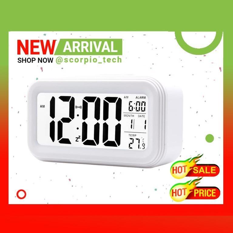 White JJCALL Alarm Clock LED Display Digital Alarm Clock Snooze Night Light Battery Clock with Date Calendar Temperature for Bedroom Home Office Travel 