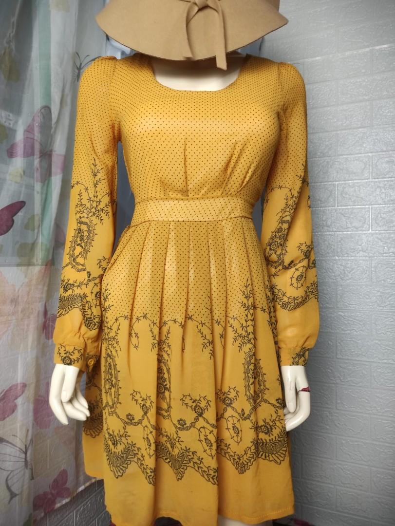 Vintage Mustard Dress, Women's Fashion 