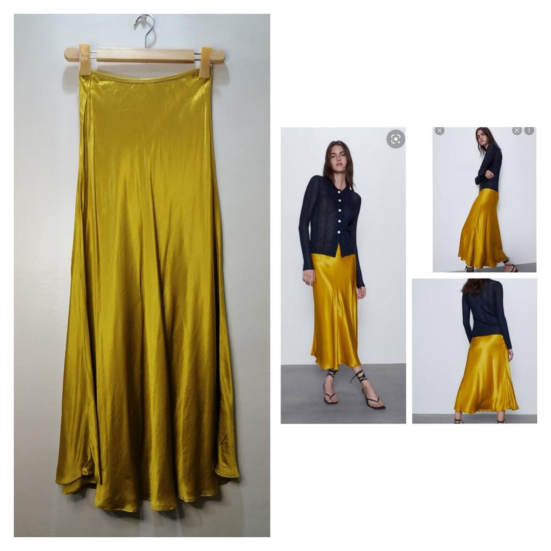 ZARA satin effect highwaist mustard yellow midi skirt, Women's Fashion,  Bottoms, Skirts on Carousell