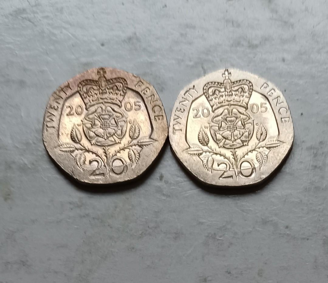 英國2005年20便士共2枚（品相實物如圖）, 興趣及遊戲, 收藏品及紀念品, 錢幣- Carousell