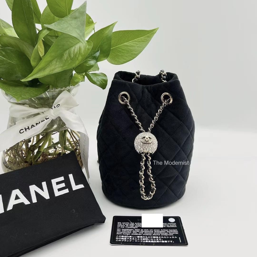 Authentic Chanel Black Velvet Diamante Pearl Crush Drawstring Bucket Bag,  Luxury, Bags & Wallets on Carousell