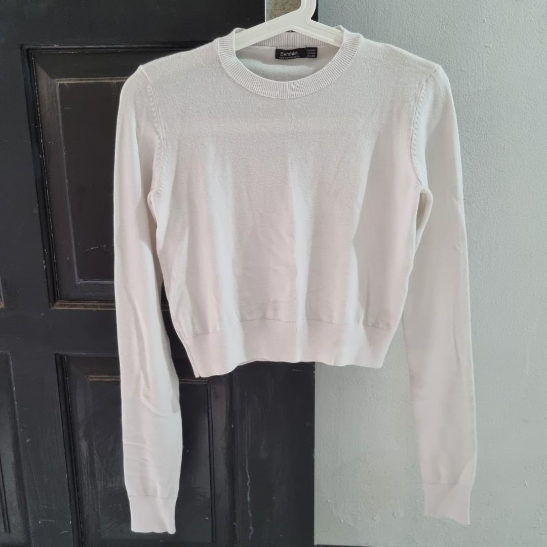 Bershka knit crop long sleeve top white 