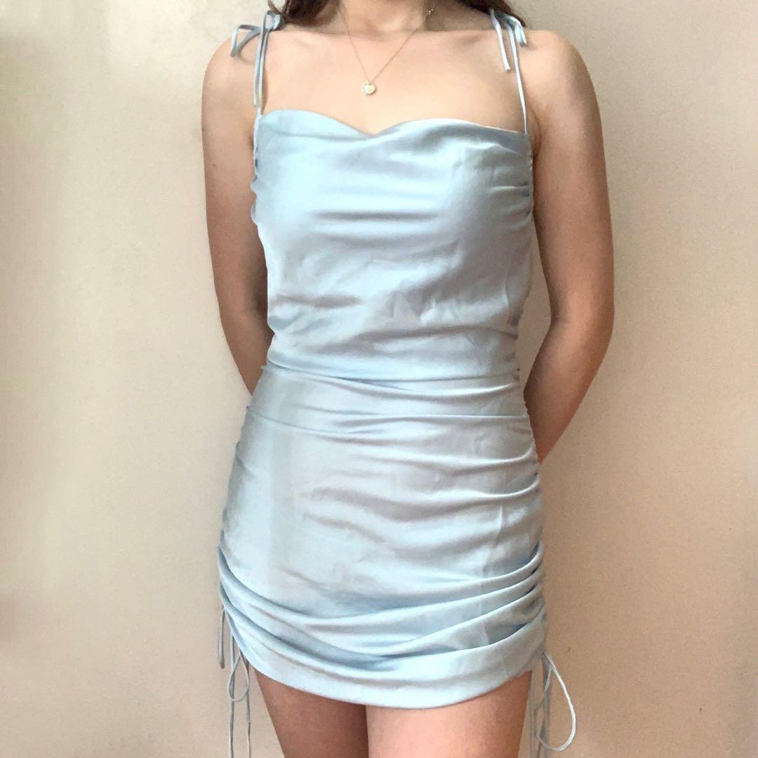 BN cotton candy LA blue satin cowl neck ruched mini dress, Women's Fashion,  Dresses & Sets, Dresses on Carousell