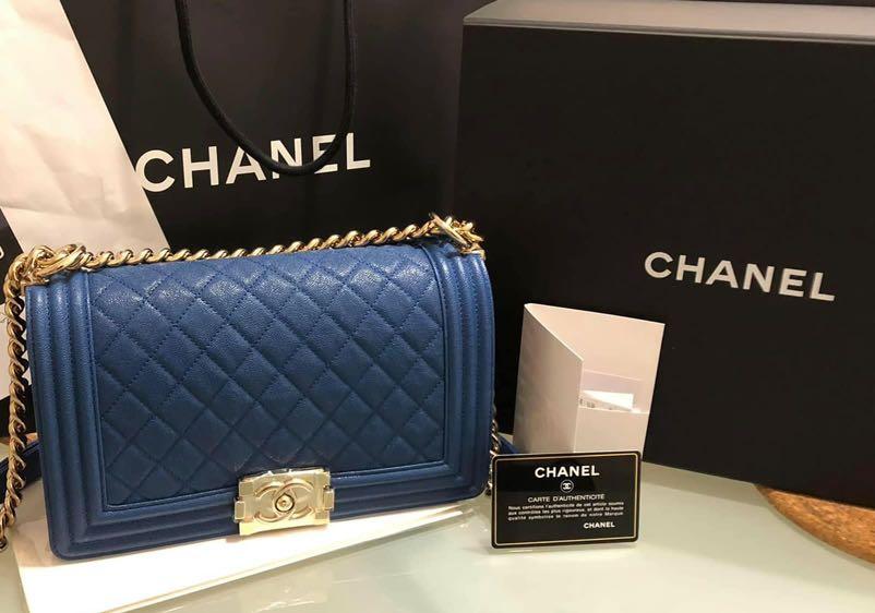 Chanel Boy Caviar Blue Medium with Gold Chain