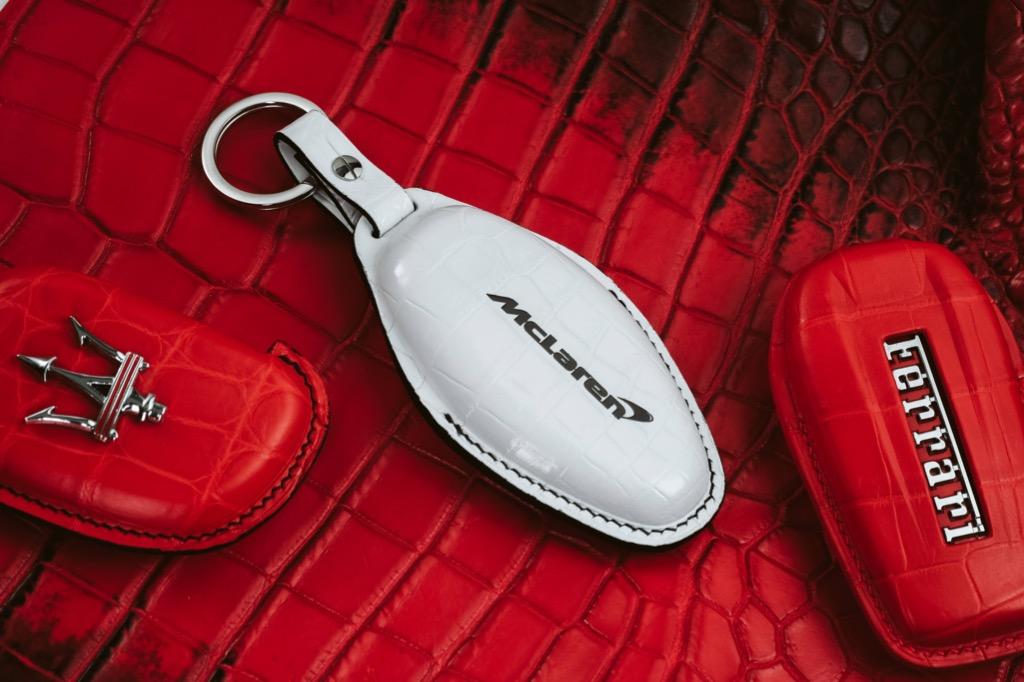 Custom Made Car Key Pouches In White & Ferrari Red Crocodile Leather