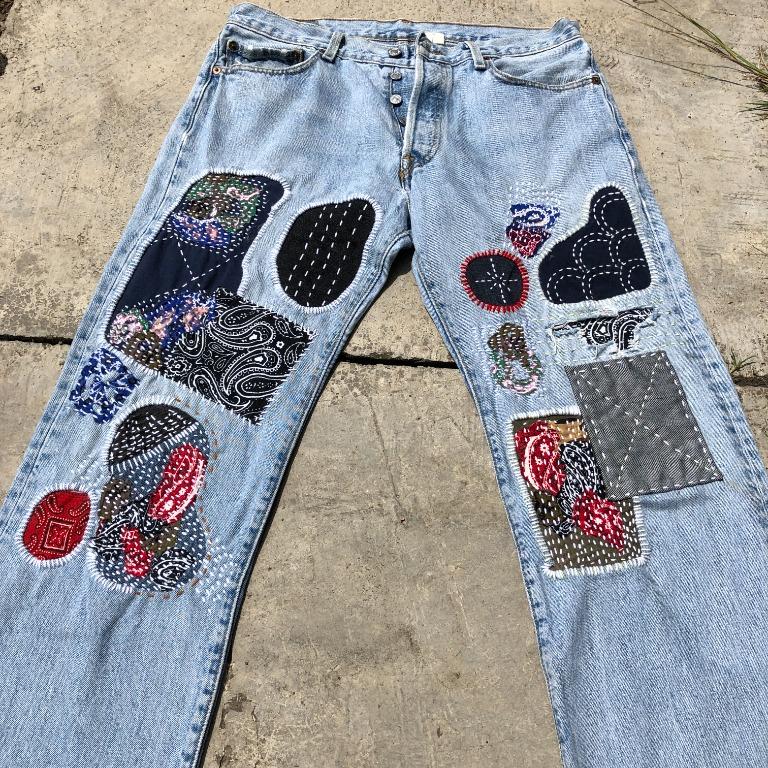 Custom Patchwork Sashiko Boro Vintage 90s Levis 501 Jeans, Men's