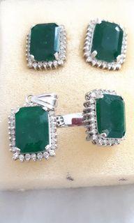 Emerald & Diamond diamonds in 14K White Gold set earrings ring & pendant golden 》》TRUE GOLD -HAVE IT TESTED IN ANY PAWN SHOP BEFORE PAYING!