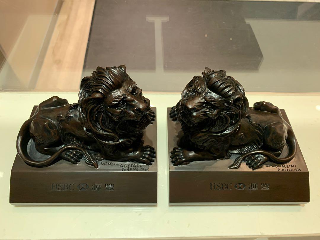 カ*て様 香港HSBC銀行 風水　ブロンズライオン像 2体セット非売品　獅子　箱 カ*て様 香港HSBC銀行 風水 ブロンズライオン像 2体セット非売品