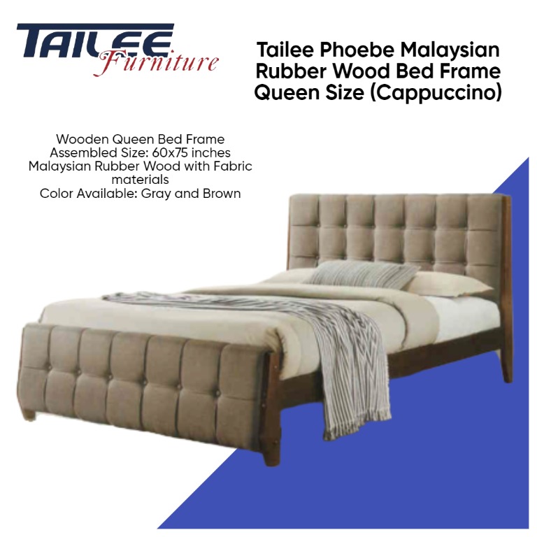 Phoebe Malaysian Rubber Wood Bed Frame Queen Size (Cappuccino