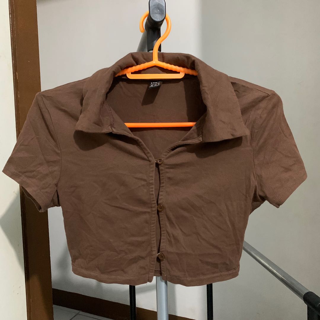 Shein Y2K Buttondown Crop Top Brown 