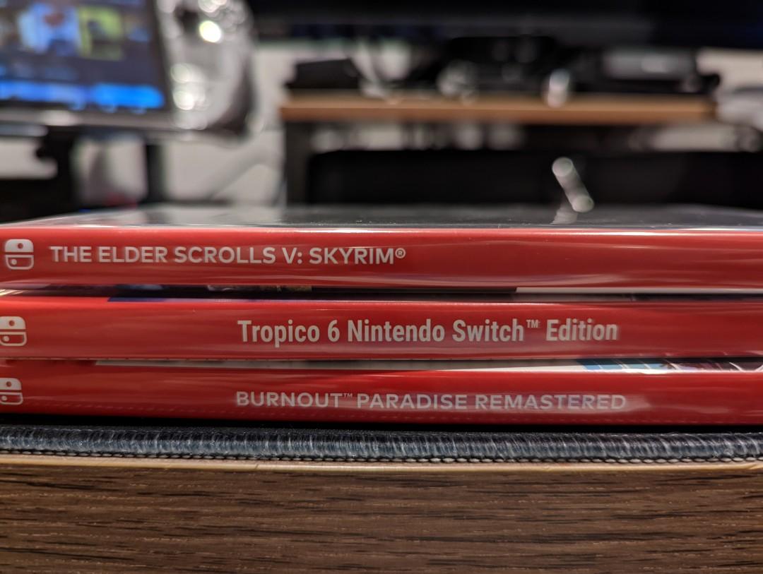 STEAL: Nintendo Switch Games Bundle (Category: Nintendo) located in Bulacan. Submitted by baritoneystark (Listing ID 1166598251, Image 2). Description: - all in good as new condition, guaranteed - list: • Skyrim - 1,699 • Tropico 6 - 1,199 • Burnout Paradise - 1,099 total: 3.1k bundle price = 2.7k only madali po kausap, feel free to message me.