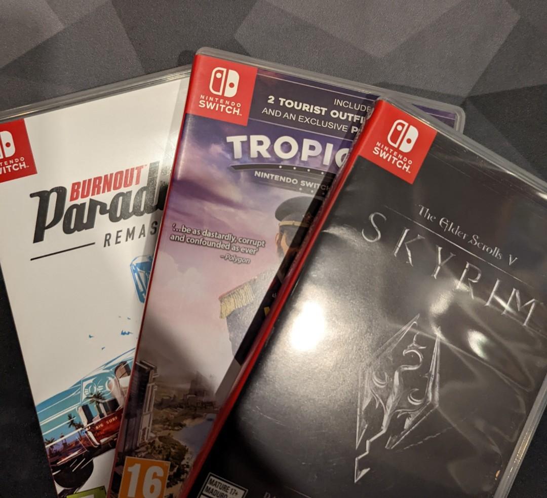 STEAL: Nintendo Switch Games Bundle (Category: Nintendo) located in Bulacan. Submitted by baritoneystark (Listing ID 1166598251, Image 1). Description: - all in good as new condition, guaranteed - list: • Skyrim - 1,699 • Tropico 6 - 1,199 • Burnout Paradise - 1,099 total: 3.1k bundle price = 2.7k only madali po kausap, feel free to message me.
