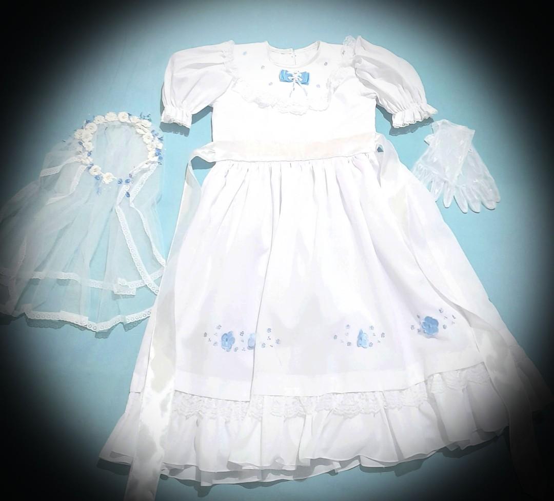 White dress / First communion dress / with gloves and veil /size : small,  Babies & Kids, Babies & Kids Fashion on Carousell