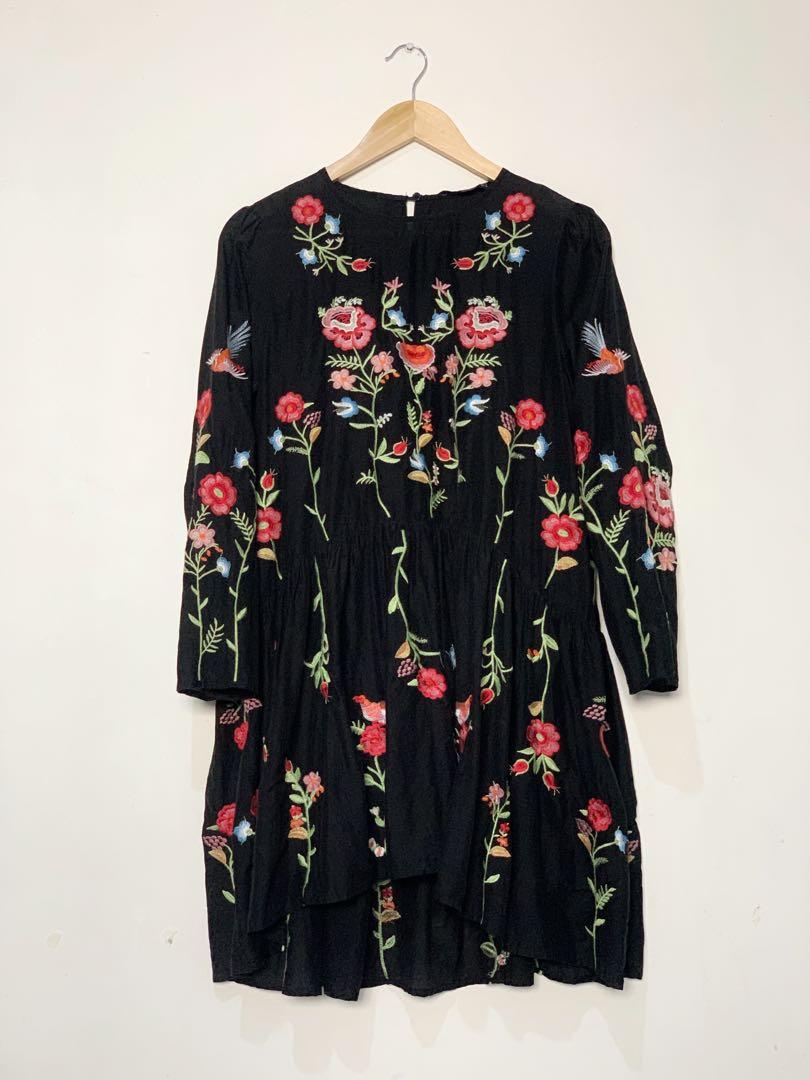 zara black floral embroidered dress dress high waisted rose embroidered