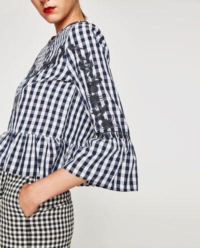 Zara navy gingham embroidered blouse 