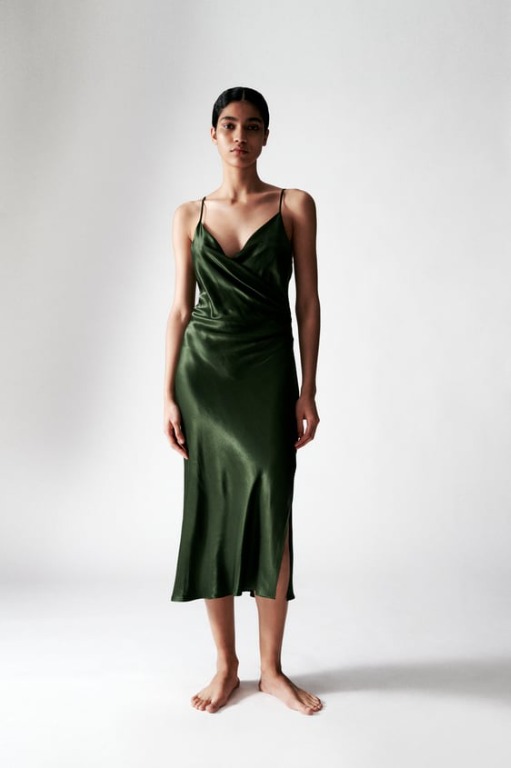 DRAPED CAMISOLE DRESS GREEN NIGHT SATIN Women s Fashion Dresses