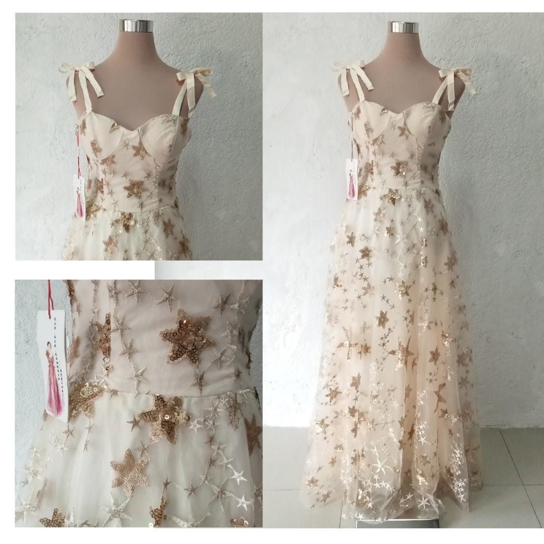 Gold gown self tie gown shoulder tie gown sparkly gown sequined gown wedding guest gown stars gown long gown prenup gown formal gown pretty gown teen