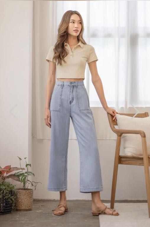 LOVET DOPE POCKET WIDE LEG JEANS (LIGHT WASHED), Women's Fashion