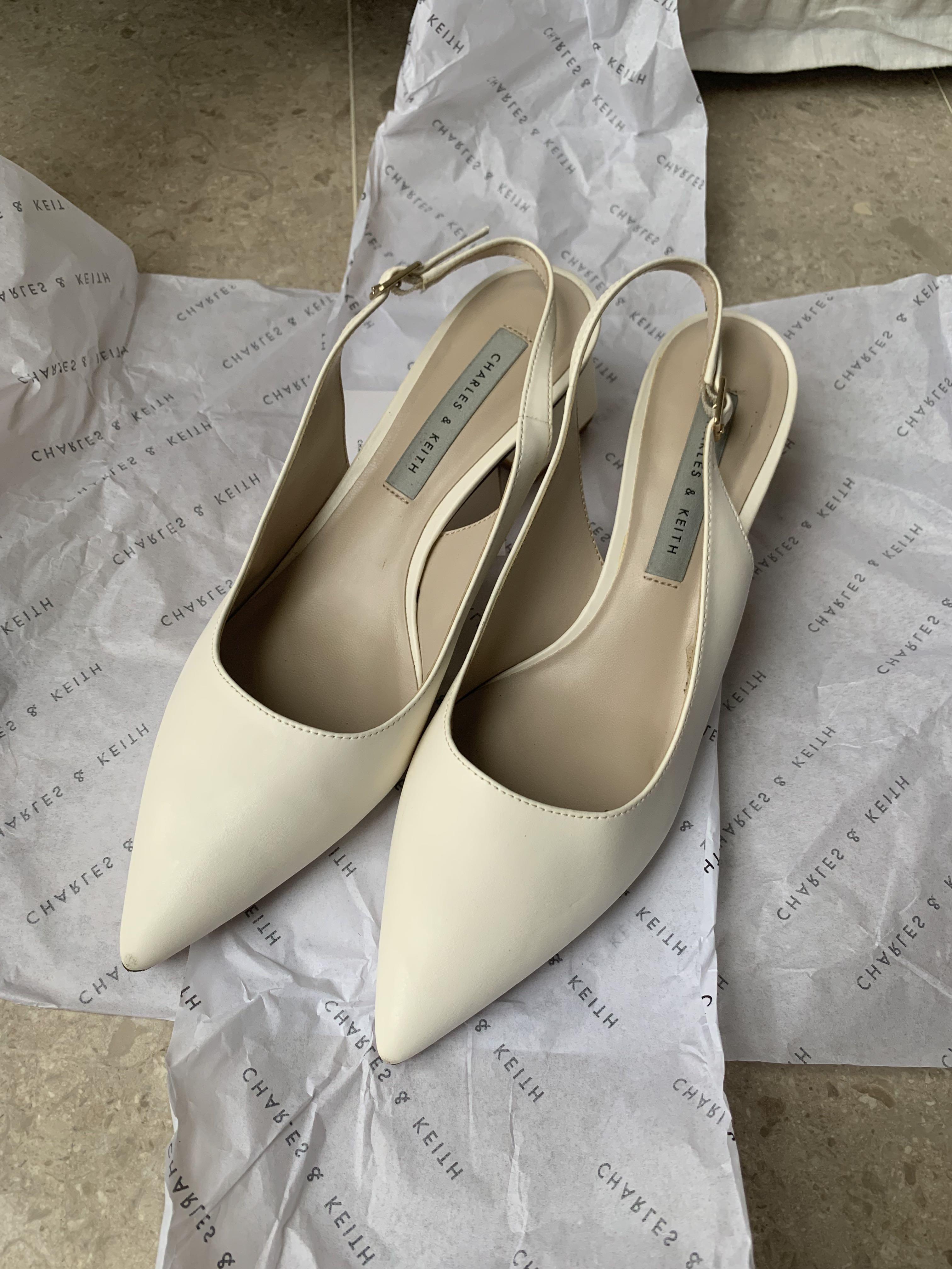 Metallic Accent Slingback Heels Court Shoes Cream/White, Women's Fashion,  Footwear, Heels on Carousell