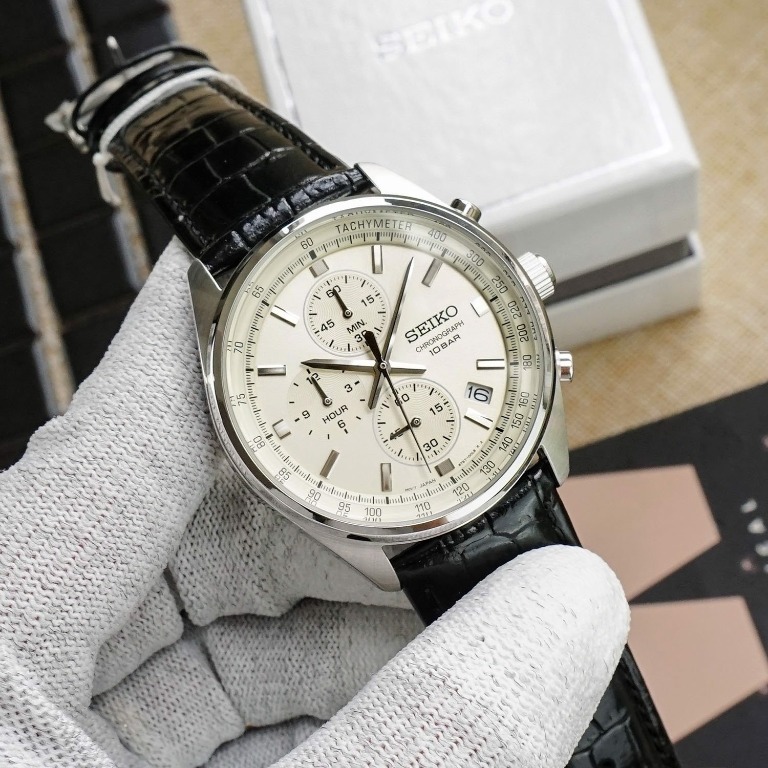 *RESTOCKED* Seiko SSB383P1 Chronograph Analog Black Leather Strap Men's