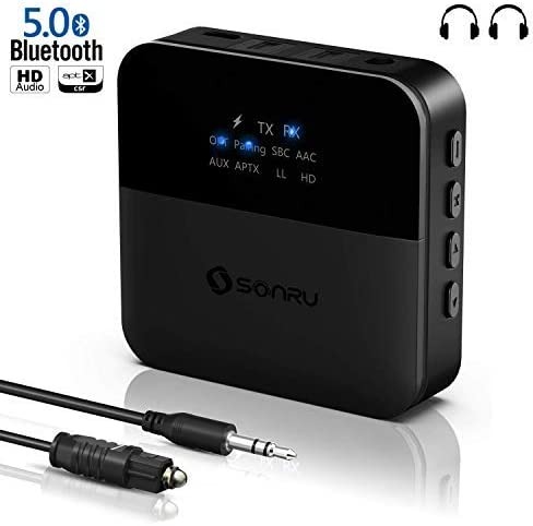 SONRU Bluetooth 5.0 Transmitter Receiver 2-in-1 Bluetooth Audio Adapter with Optical TOSLINK 3.5mm AUX and RCA Cable aptX HD and aptX LL for TV Laptop Stereo Headphone Speaker 