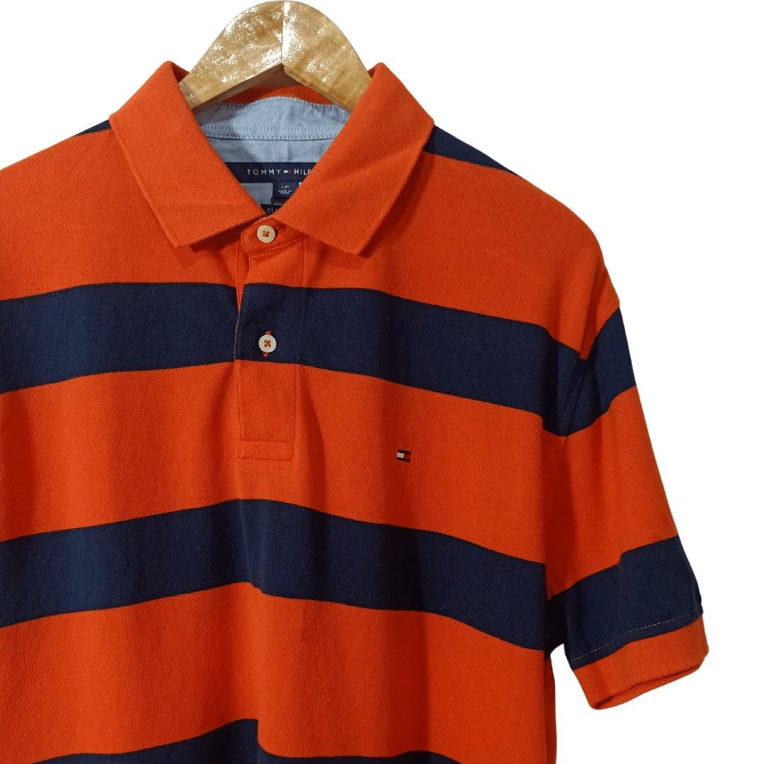 Tommy Hilfiger Polo Shirt Striped Orange Dark Blue 31 L 23 W