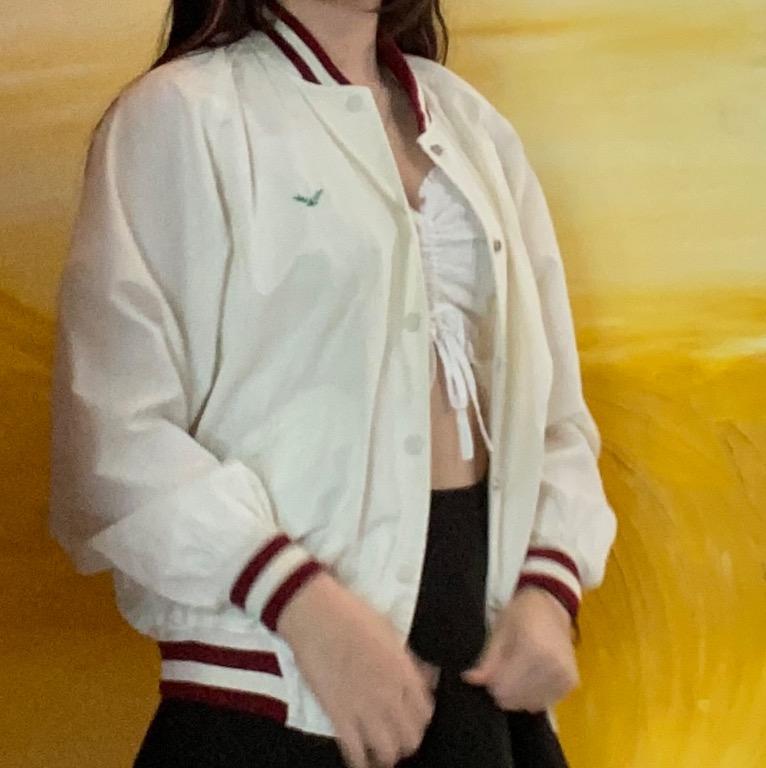 White and Red Puffer Bomber Jacket. Comfy Cute