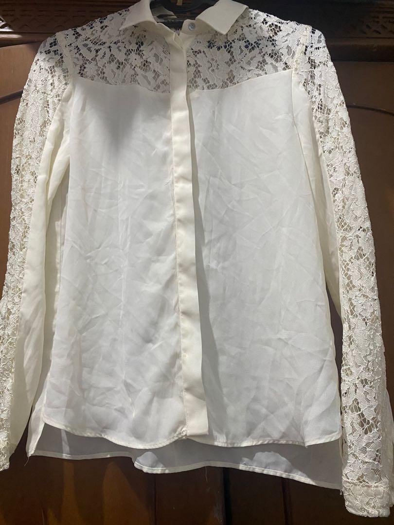 Zara broken white lace shirt, Fesyen 