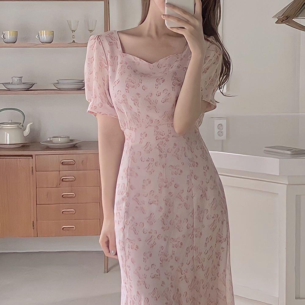 Beige Pink Midi Dress Sweetheart Floral Dress Formal Sunday Dress