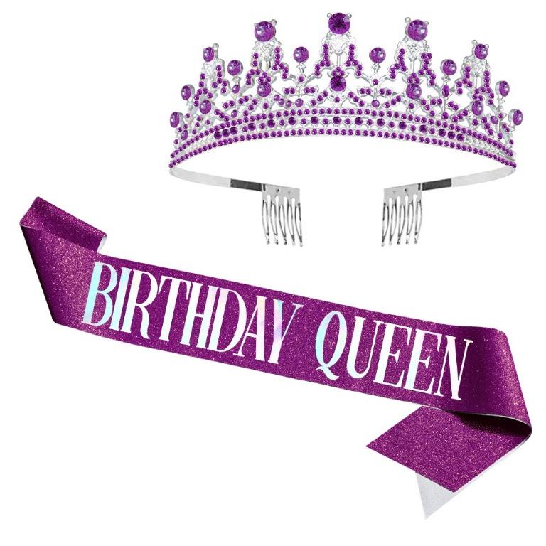 Birthday Crown for Women Birthday Queen Sash & Tiara Set (Black, Green