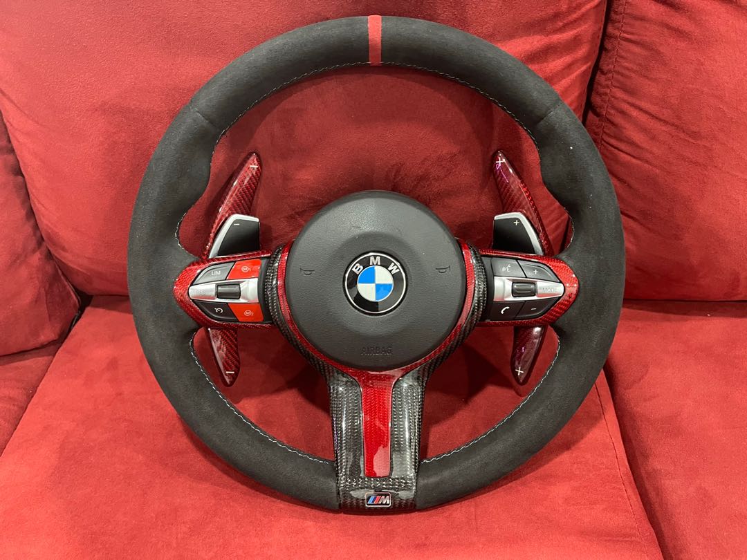 BMW M Sports Performance Alcantara Black & Red Carbon Fiber Steering Wheel Paddle Shifters F20